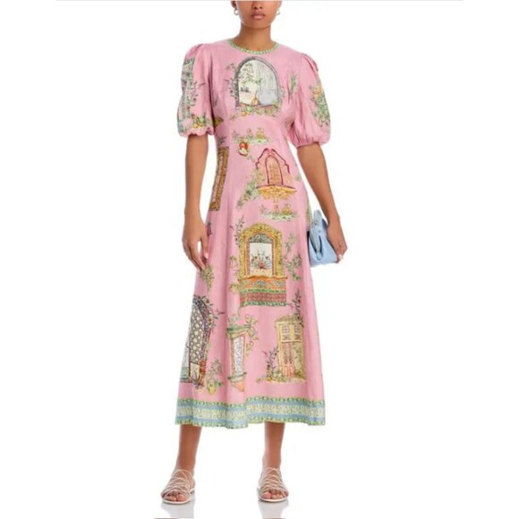 Alemais Monte Pink Linen Puff Sleeve Midi Dress